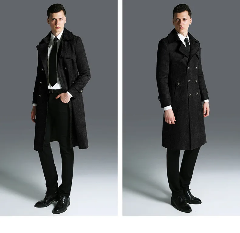 Plus Size Winter Long Jacket Men Suede Windbreaker Mens Black Leather Trench Coat Slim Cloak Male Outerwear Long Coat 5XL 6XL