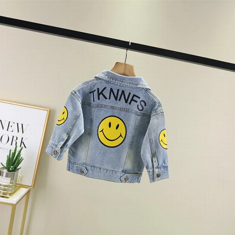 Джинсовая куртка с надписью смайлик для мальчиков детская верхняя одежда