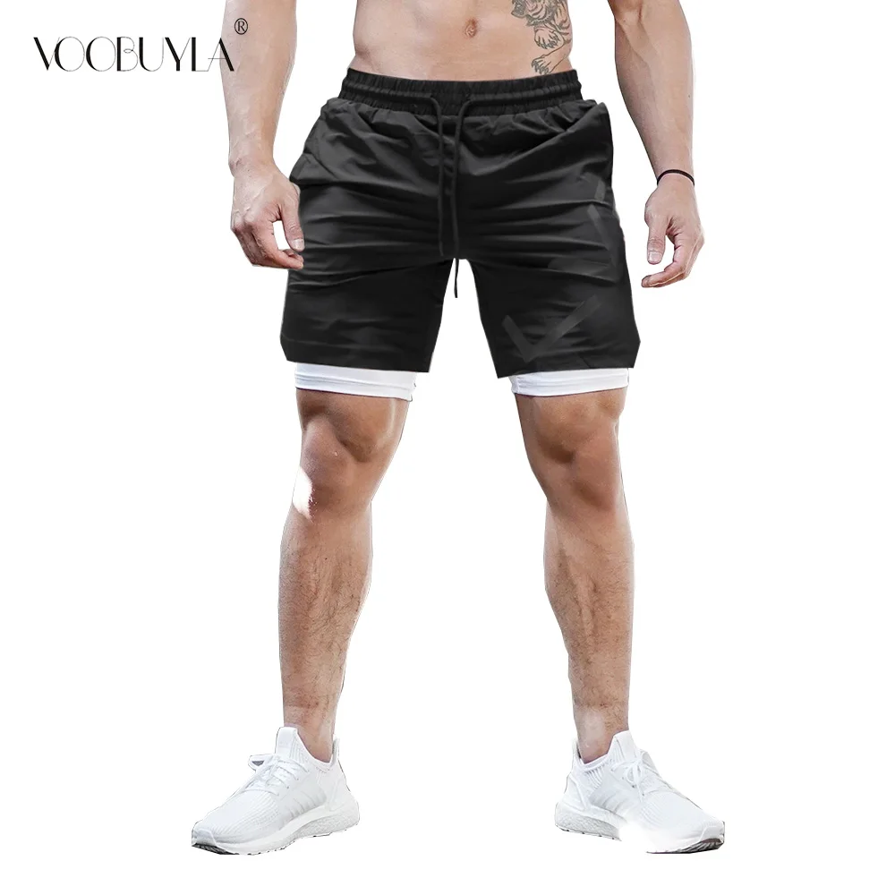 Мужские беговые шорты 2 в 1 быстросохнущие спортивные с карманами для