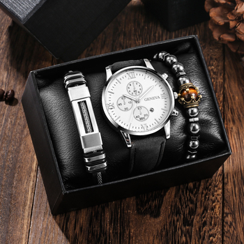 Bracelet Watch Gift Set for Man Leather Quartz Watch with Calendar Dial Men's Black Elastic Chains Anniversary Gift to Husband-37280