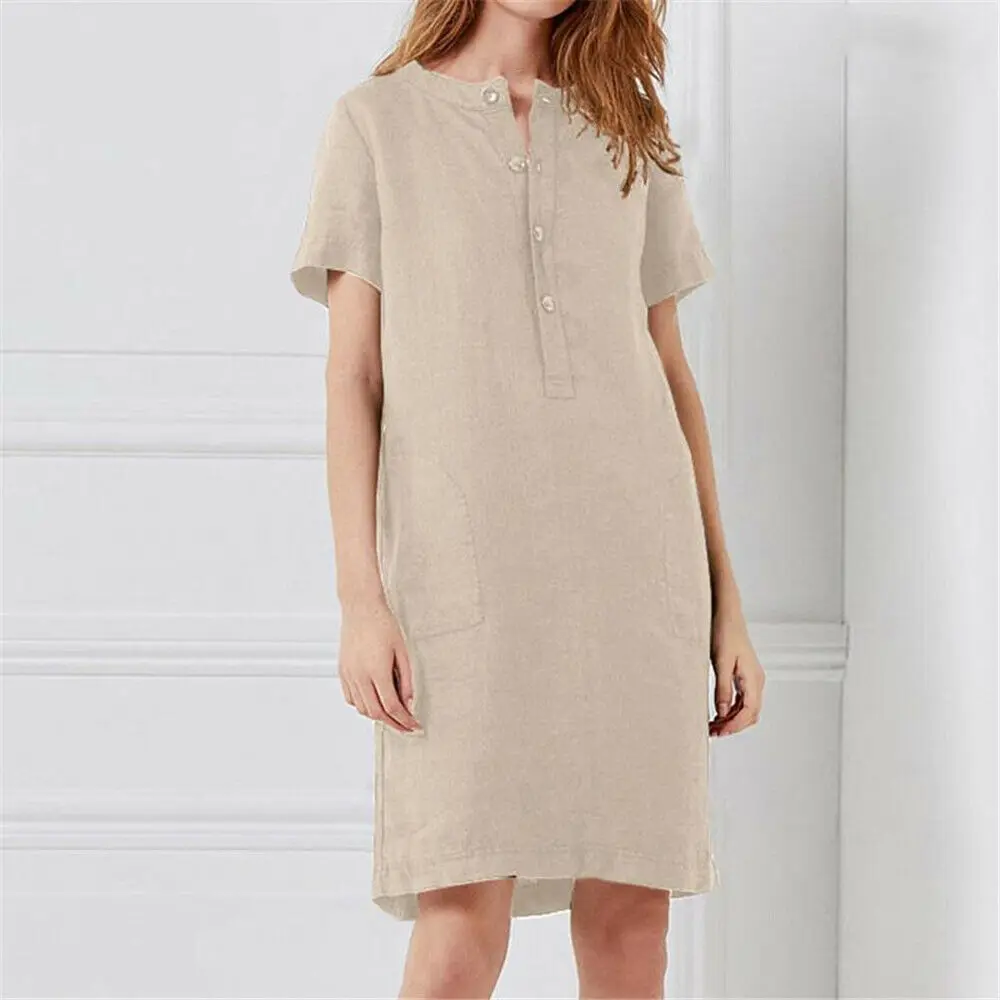 Womens Summer Dress 2019 Casual Party V-Neck Pocket Button Loose Cotton Linen Robe Femme Plus Size | Женская одежда