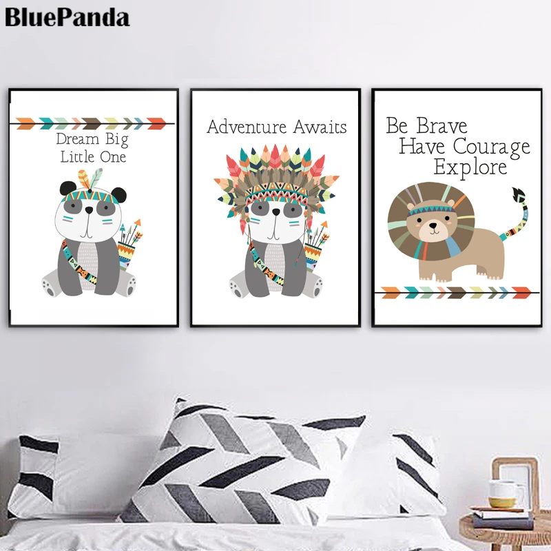Этнический животный панда Медведь Лев ленивый лиса холст постер Детский