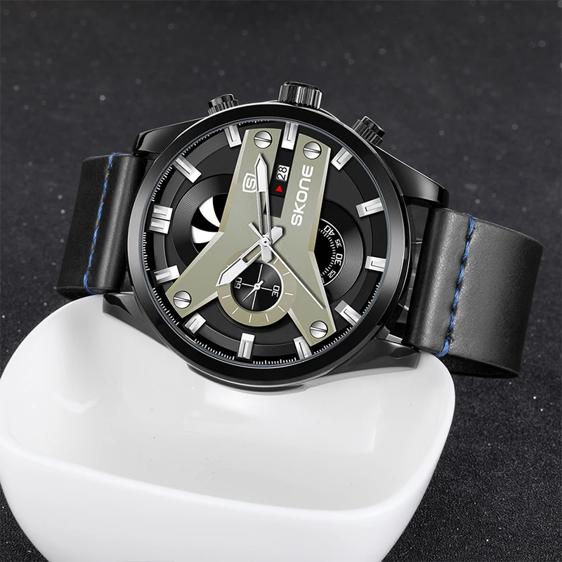 SKONE Роскошные мужские часы кожа 24 часа дата Кварцевые Спортивные Хронограф