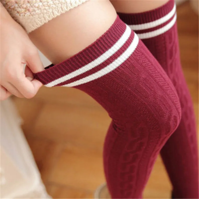 

Women Knitted Cotton Over The Knee Knitted Socks Stockings Long Striped Thigh High Socks Stretch Causal Girls Lady Stockings New