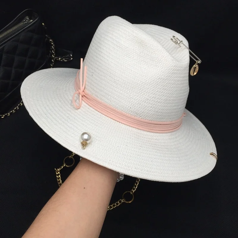 

2021 new arrival straw hat for women with chains shells pearls white panama hat sun hat in summer free shipping