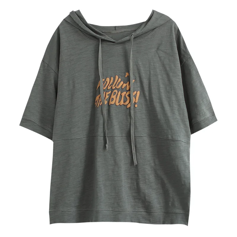 

Women's Fashion Plus Size Letter Printed Hooded Sweatshirt Half-sleeveTeesGray Tops White Color Painted Loose T-shirt With Hat