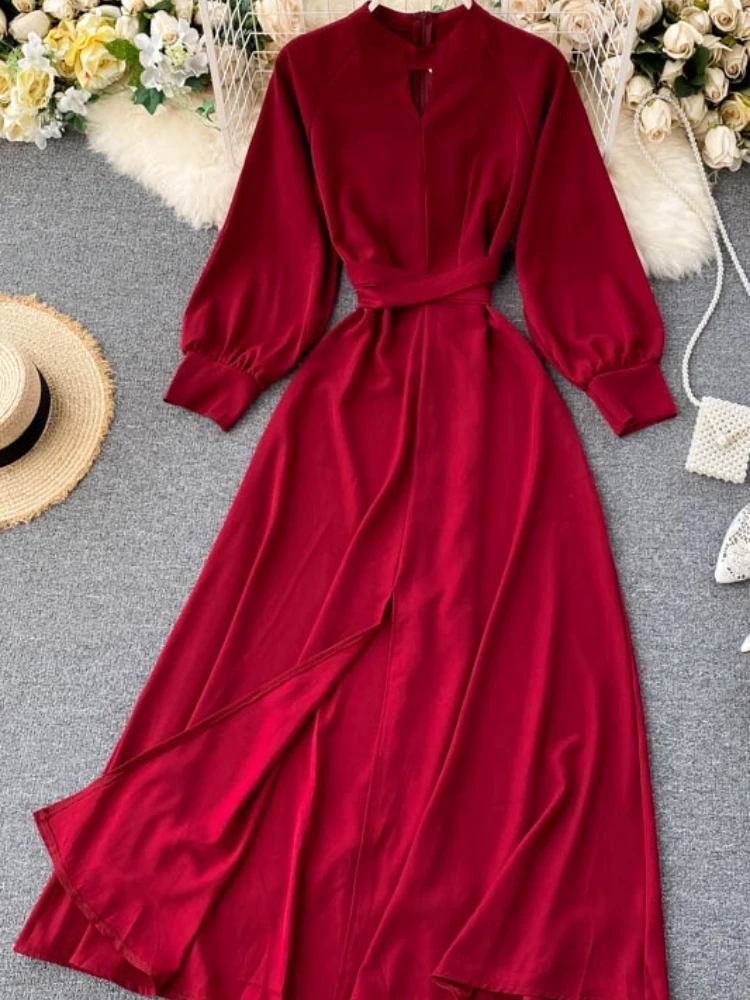 

Aibeautyer New Summer A Line O Neck with Belt High Waist Slim Mid-Calf Women Dress Vintage Solid Full Lady Full Dress