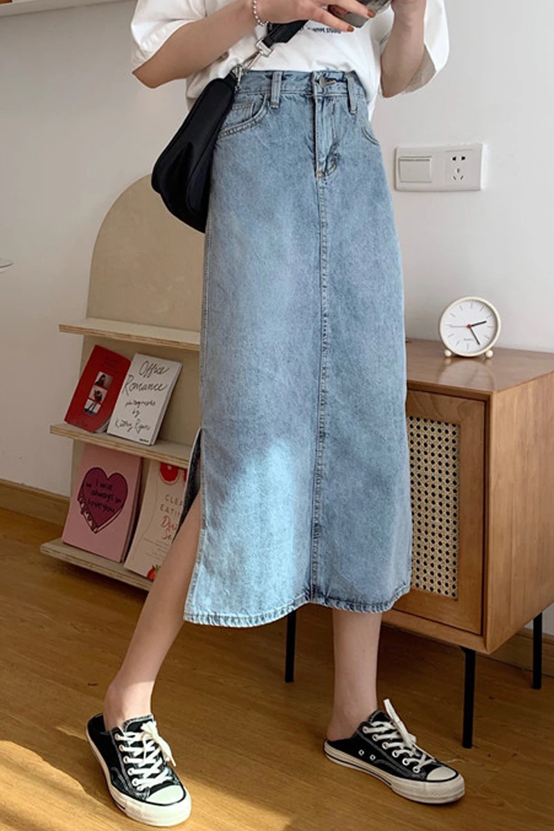 

Spring Autumn 2021 New Denim Sheath Wrap Skirts Single-Breasted High Waist Pencil Midi Skirt Front Split Skirts Womens