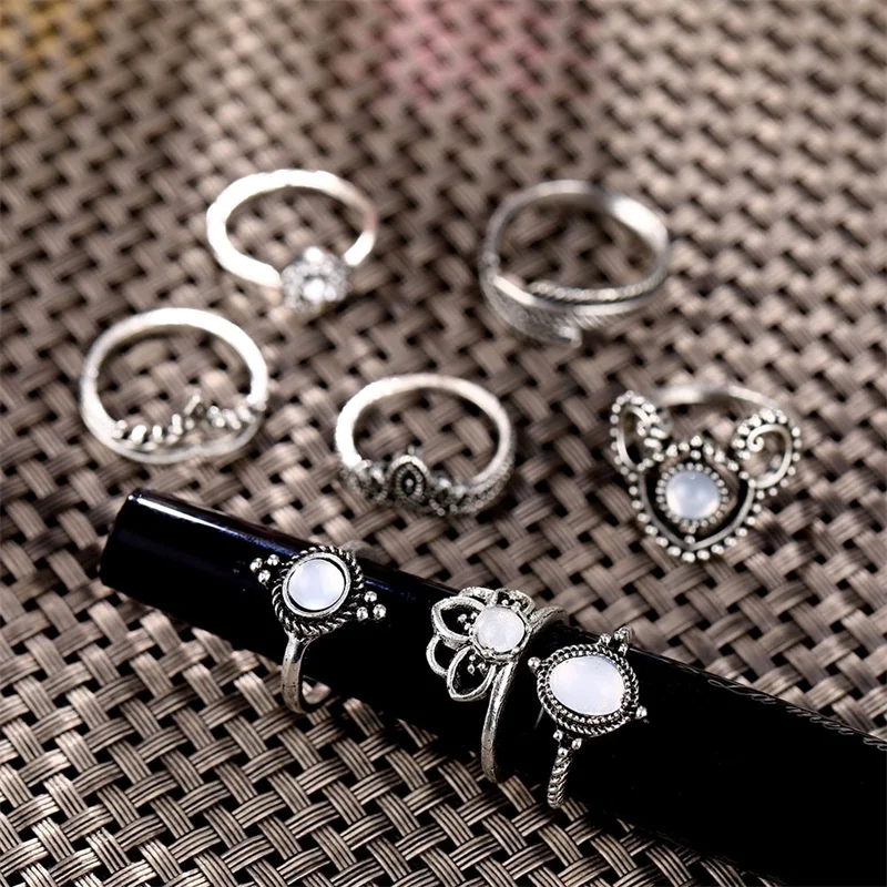 Набор Колец FNIO 12 шт./компл. в богемном стиле ретро с опалом лотосом и кристаллами