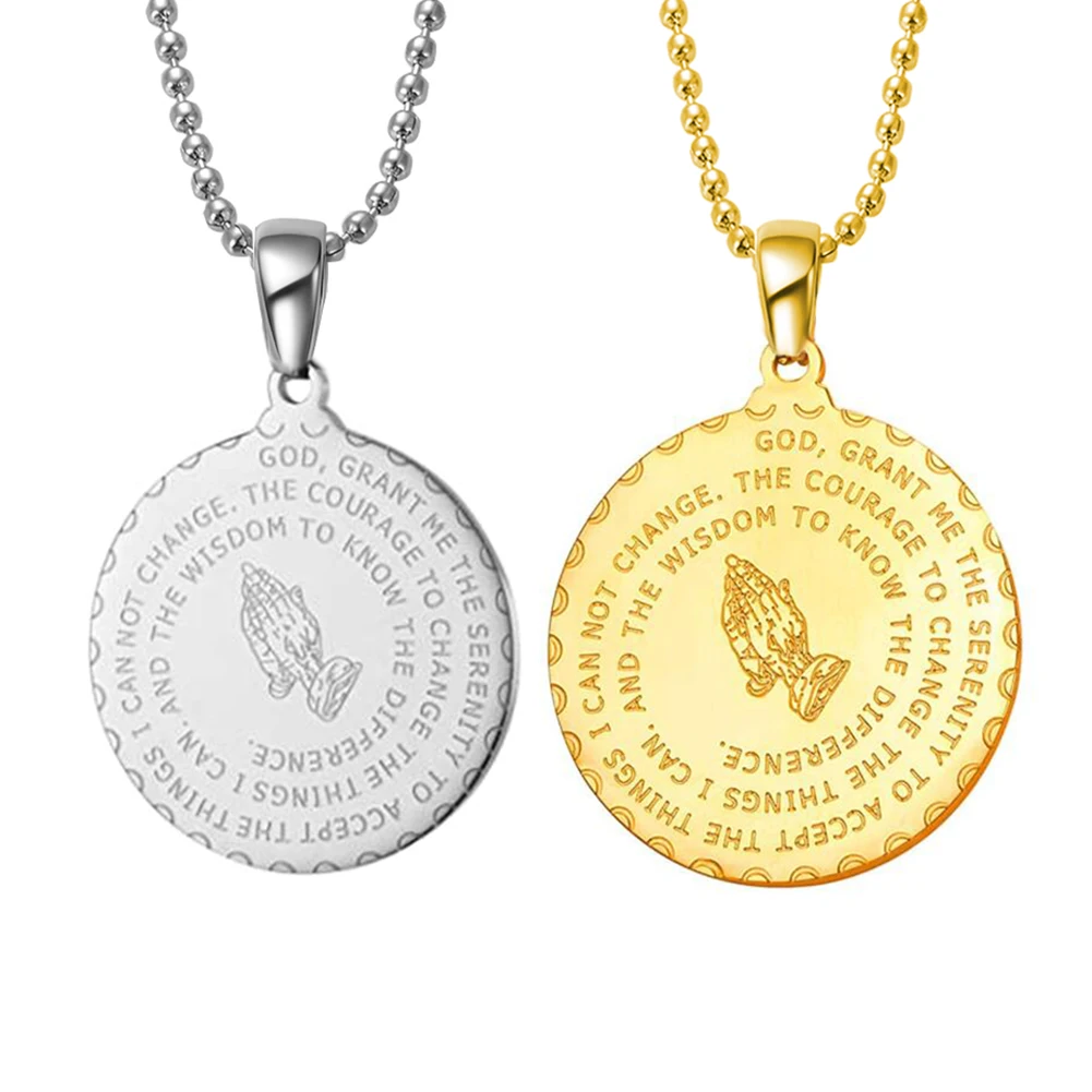 

Dropshipping Men's Bible Verse Prayer Pendant Necklace Christian Jewelry Gold Stainless Steel Praying Hands Coin Medal Pendants