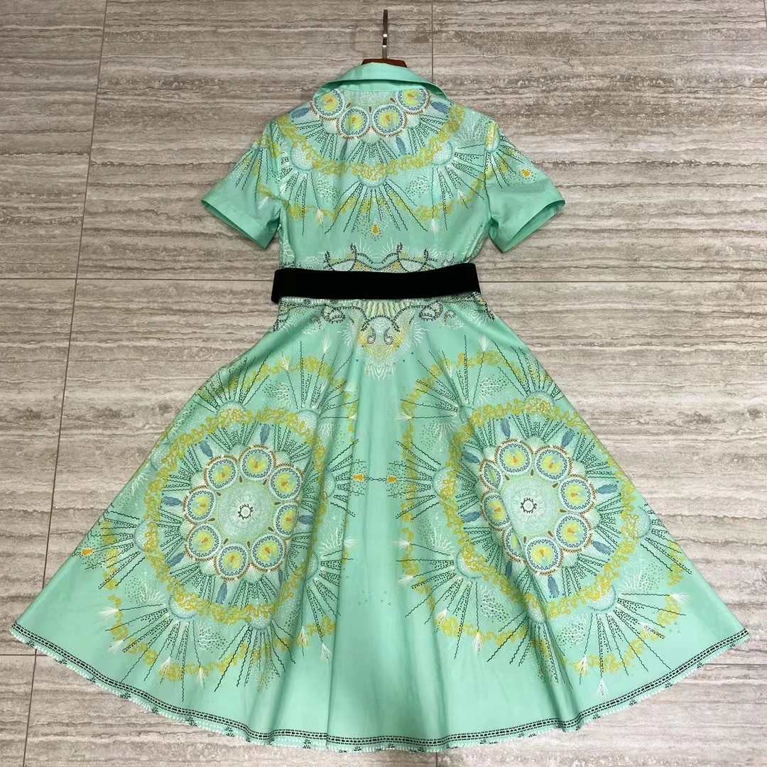 

Women floral print cotton short sleeve summer dress 2021 designer turn down collar elegant belted midi dresses party vistidos