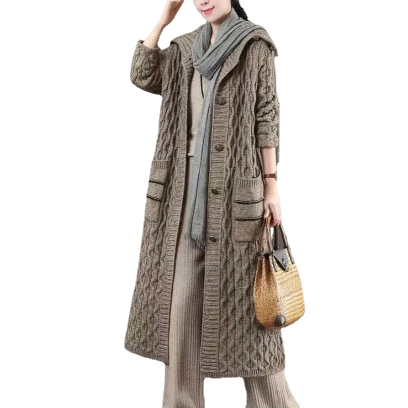

Literary thick large sweater coat women's autumn and winter 2021 mid-length lapel knitted cardigan loose temperament outside