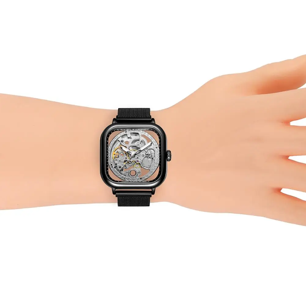 Forsining Новое поступление Черные Квадратные механические часы автоматический