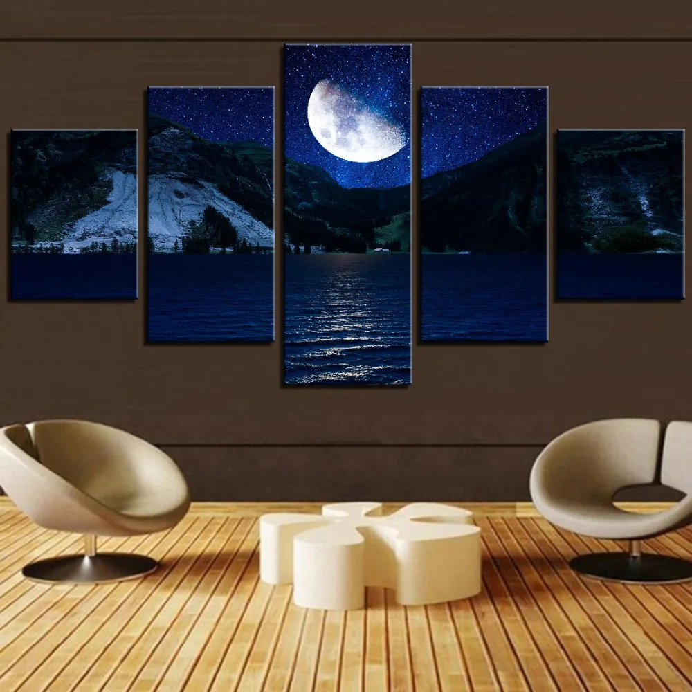 

5 Pieces Mountain Canvas Painting Moon Night Wallpapers Landscape Posters Desrt Pictures Nature For Home Room Improvement Decor