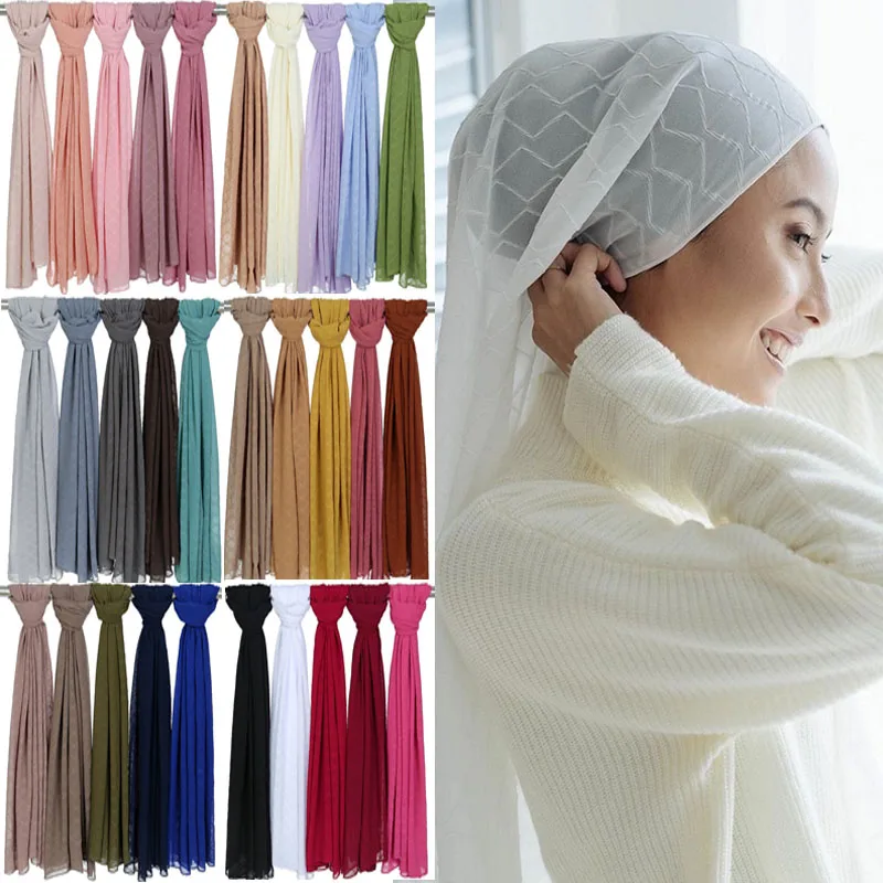 

2021 Newest Crinkle Chiffon Scarf Plain Pleated Hijab Diamond Plaid Scarves Muslim Shawl Wraps Fashion Women Headscarf Headband