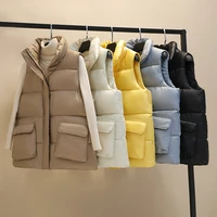 short glossy parka vest thick warm winter jacket women casual sleeveless solid color stand collar parka coat female vest jackets
