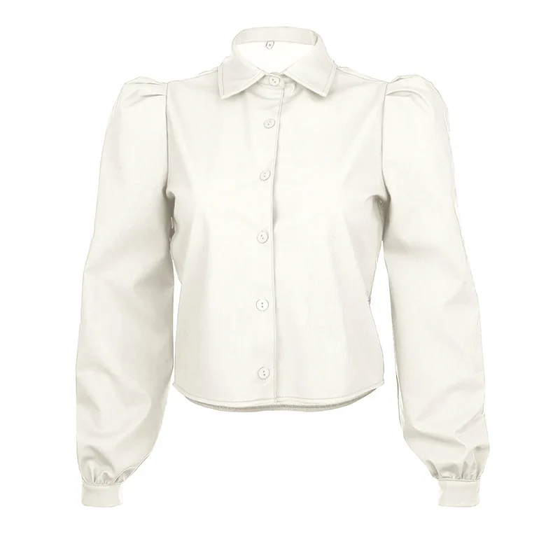 

Autumn Leather Blouse Women Vintage Lapel Long Puff Sleeve Shirt High Street Ladies Winter Blouse Office Lady Leather Clothing