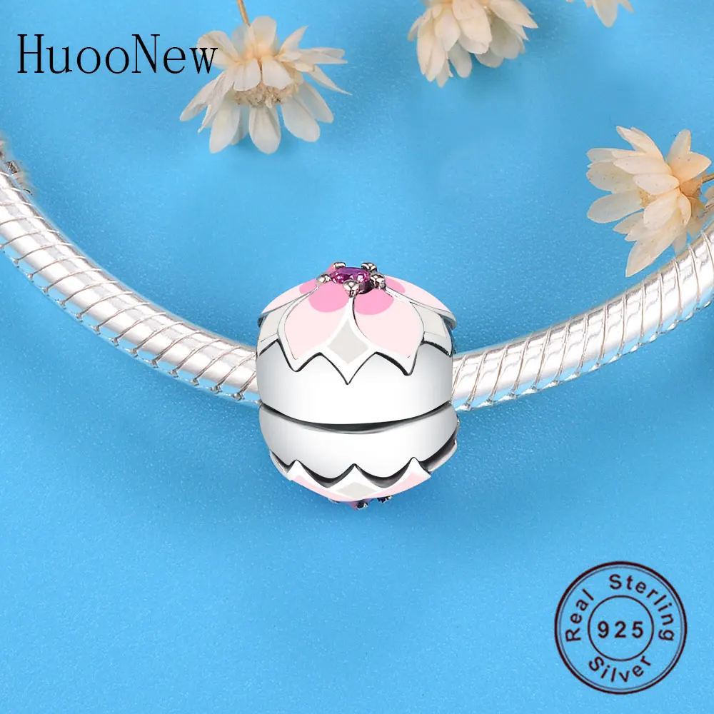 

Pink Enamel Flower Clip Beads 2019 Spring Fit Original Charms Bracelet 925 Sterling Silver Jewelry Pulsera Gift Berloque