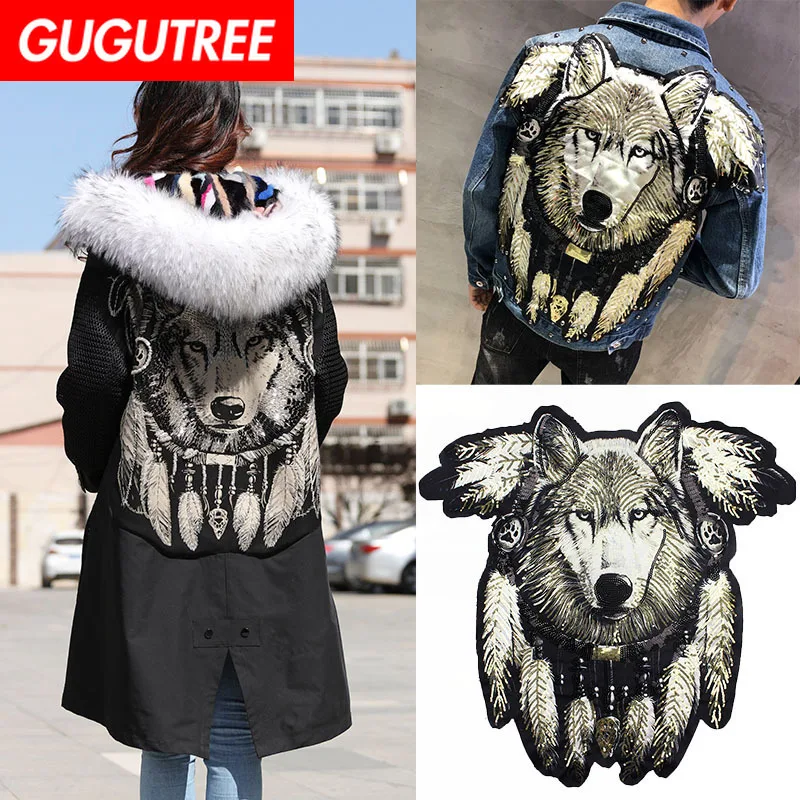Вышивка GUGUTREE блестящая нашивка с большим волком нашивки животными из