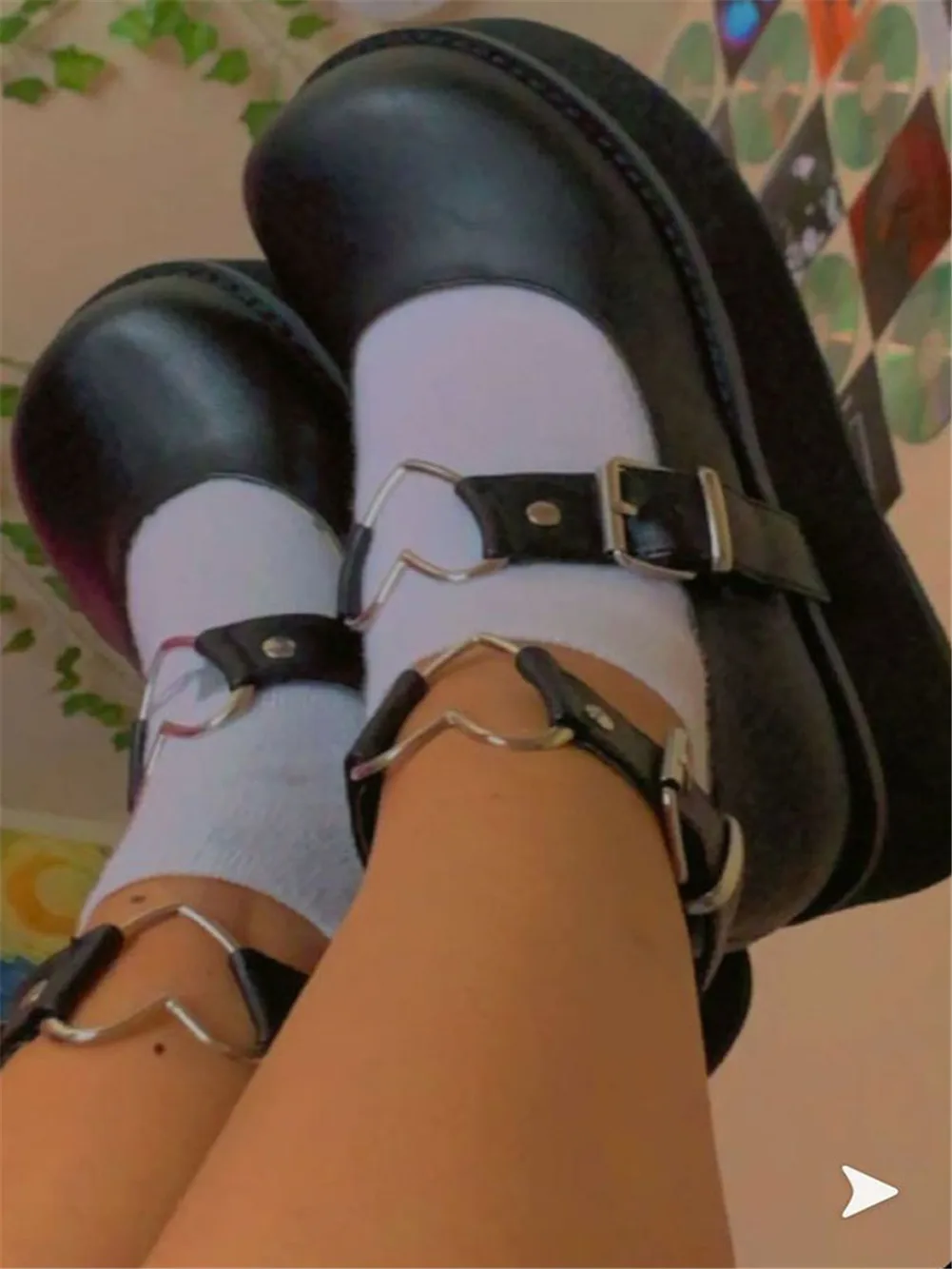 

2021 Big Size 43 Sweet Gothic Style Girls Pink Black Heart Decoration Platform Mary Janes Flats Shoes Women