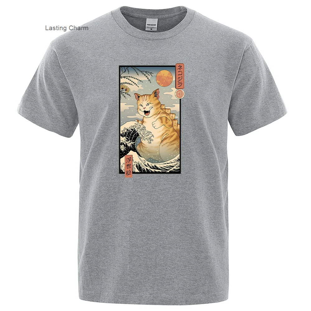 

Долговечный Шарм Wav и большой кот Ukiyo E стильный принт M T-shis Cool S-Xxxl T-shi Vogue Casl T-shi casl Soft T-shi для мужчин