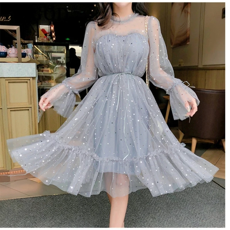 

Spring Autumn New Female O-neck Stars Sequined Mesh Shiny Fairy Dress Women Elegant Bling Gauze Princess Puff Dresses 2022