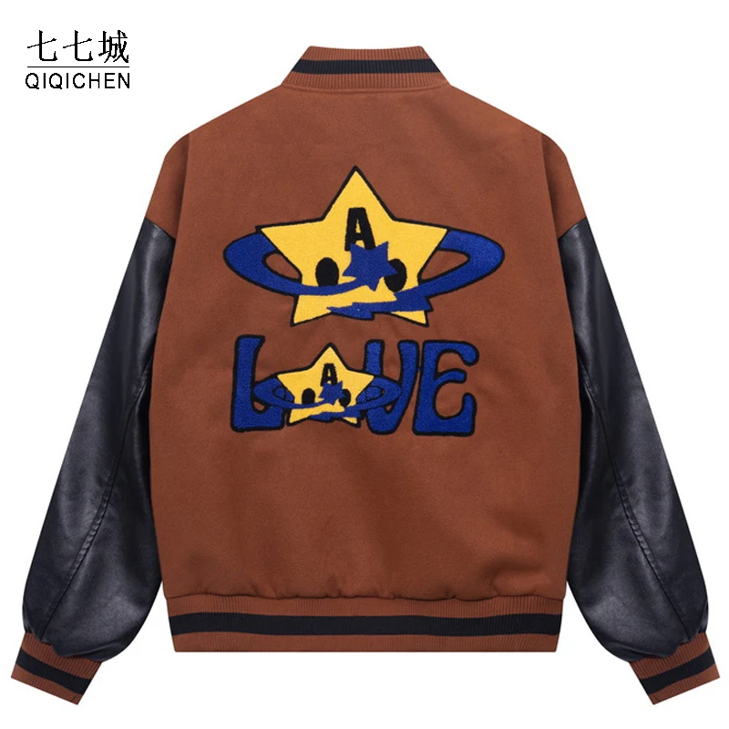 

Мужская куртка-бомбер в стиле хип-хоп с пушистыми звездами, куртка-бомбер в стиле пэчворк, уличная одежда, модная бейсбольная куртка с букве...