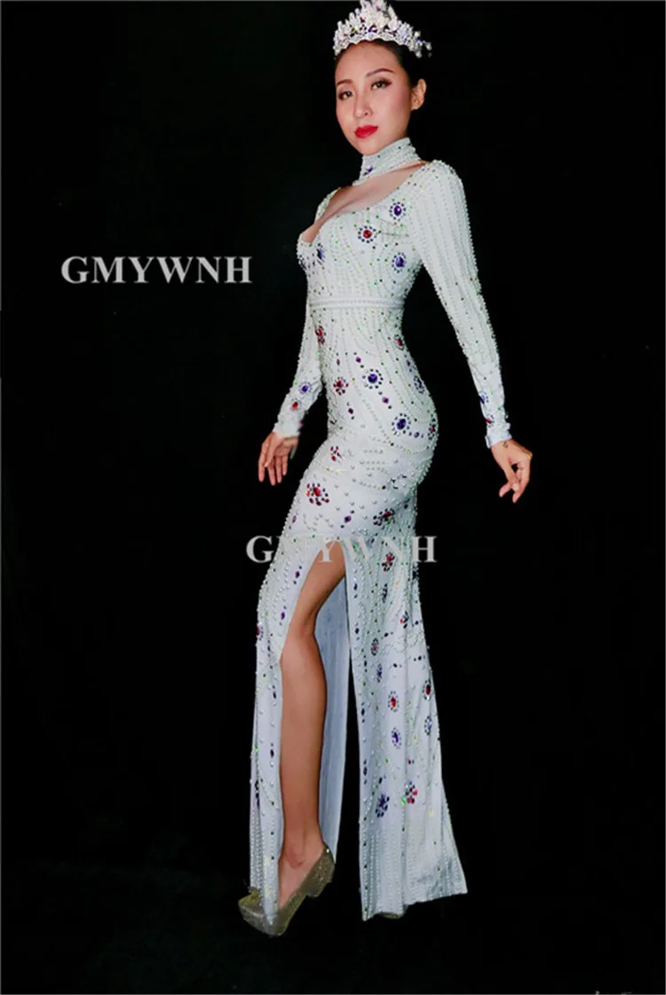 X38 певица выполнять Стразы длинное платье белый жемчуг один кусок наряды Красный