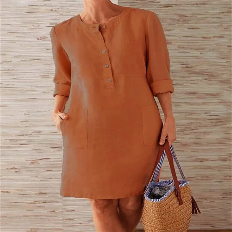 

NEW Women autumn Button Up Pencil skirt Solid color England drees Loose Baggy Oversized Simplicity Button Round neck dress