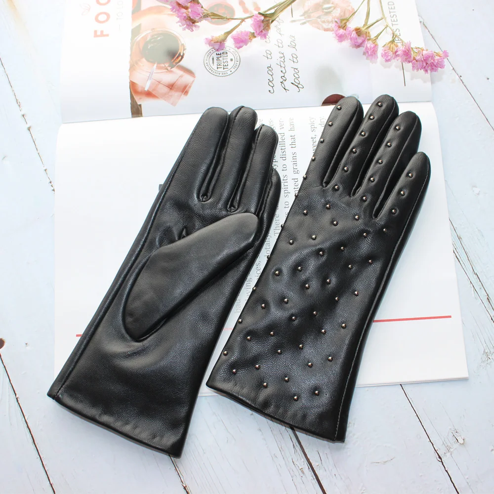 

Bickmods 2020 Women New Black Fashion Sheepskin Genuine Leather With Diamond Keep Warm In Winter Velvet Lining Gloves