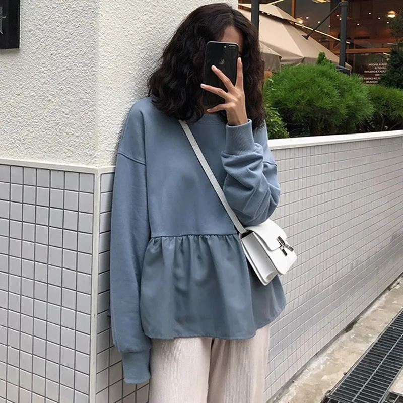 Женская толстовка с капюшоном, толстовки, осень, harajuku, одноцветная, с оборками, с длинным рукавом, с круглым вырезом, пуловер, топы, повседневная, свободная, тонкая Толстовка