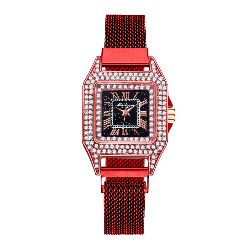 Квадратные бриллиантовые женские часы с магнитным сетчатым ремешком люксовый