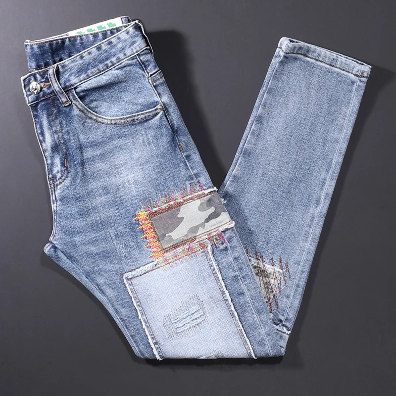 American Street Fashion Men Jeans Retro Light Blue Slim Fit Ripped Jeans Men Embroidery Patch Designer Hip Hop Denim Punk Pants