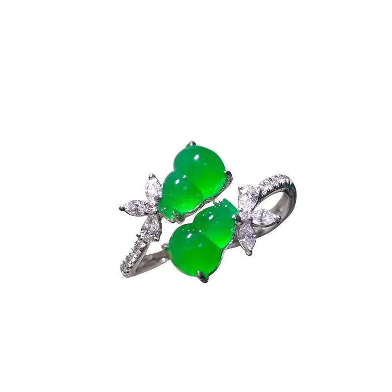 

Double Blessing Natural Sweet Green Full Green Chalcedony Gourd S925 Sterling Silver Inlaid Diamond Temperament Double Gourd Rin