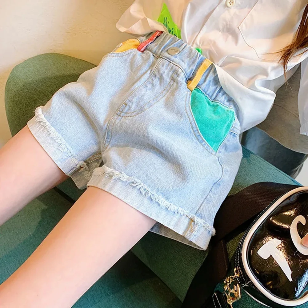 

Джинсовые шорты для девочек 4-14 лет, летние лоскутные Короткие штаны с эластичным поясом, джинсовые шорты для подростков