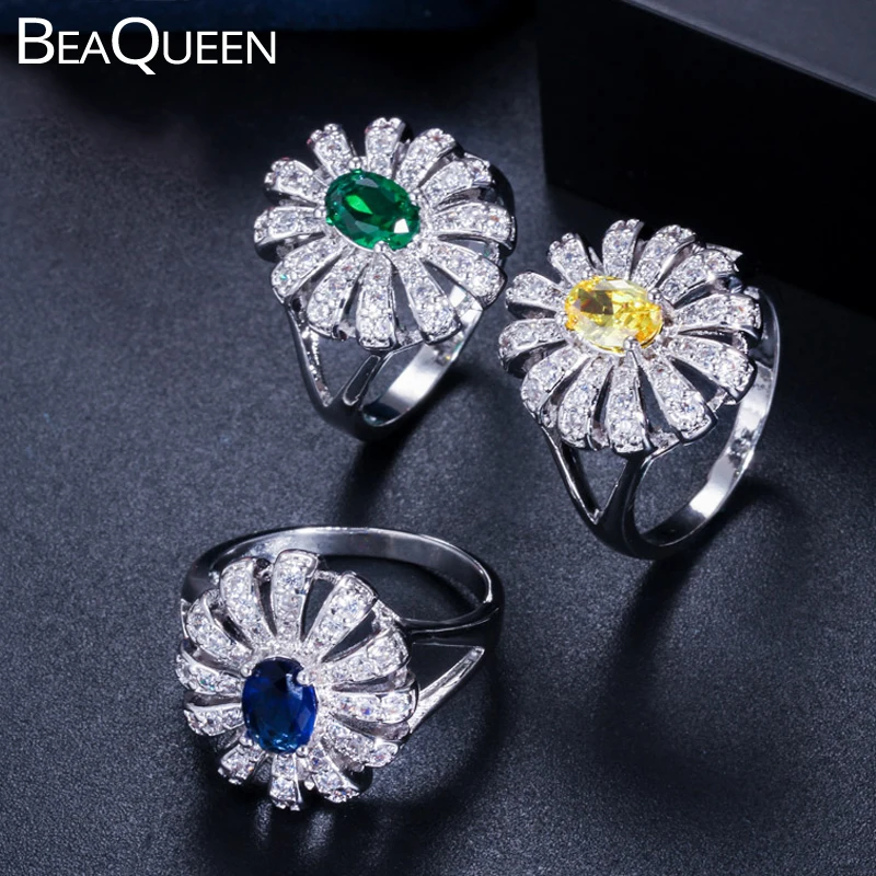 Женское кольцо с цветком ромашки BeaQueen вечерние Обручальные кольца зеленого
