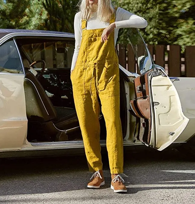 

Large cotton and hemp strap pants with pocket for adjustable Jumpsuit