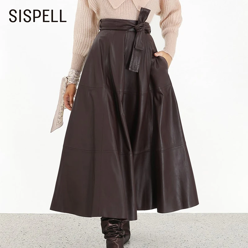 SISPELL/Женская юбка в Корейском стиле, с высокой талией, со шнуровкой, однотонные кожаные юбки большого размера, Женская Осенняя коллекция года, модная новая одежда