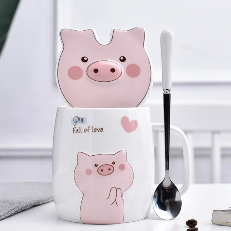 

New Cartoon Ceramic Coffee Mug with Lid and Spoon Cute Kids Cup Porcelain with Lid Tazas Divertidas Mug Personalized Pink HH50MK