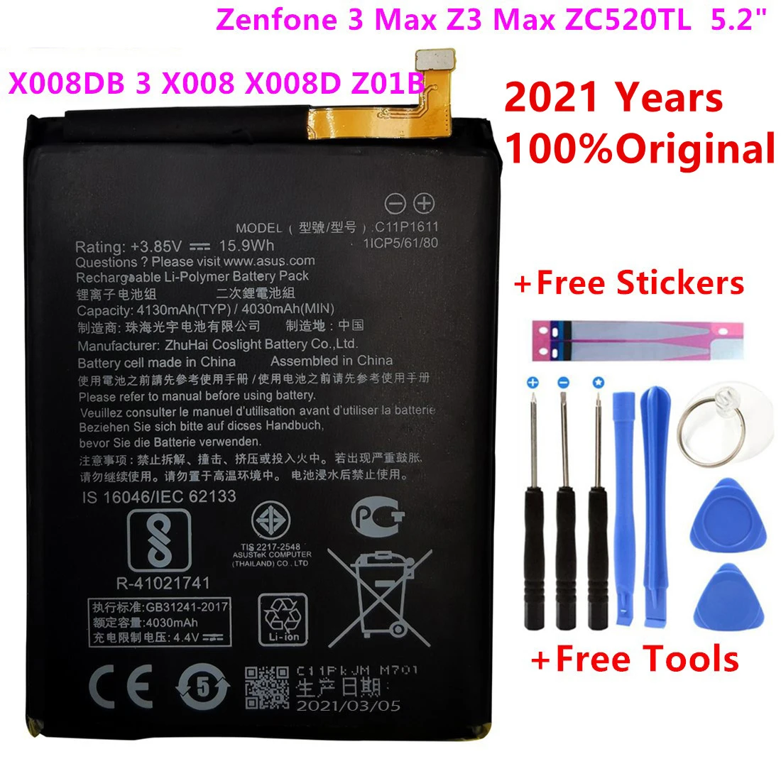 

2021 Years 100%Original Asus C11P1611 Battery For ASUS Zenfone 3 Max ZC520TL 4030mAh High Capacity+Free Tools