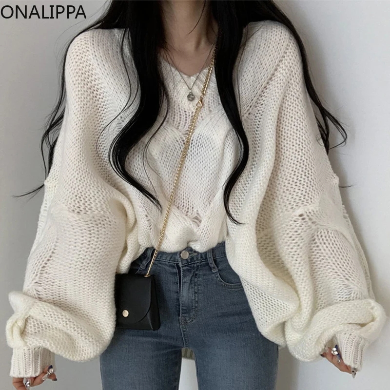 

Onalippa Women 2021 Fall Winter Temperament Lazy Style V-Neck Wispy Linen Pattern Pullover Loose Lantern Sleeve Knitted Sweater