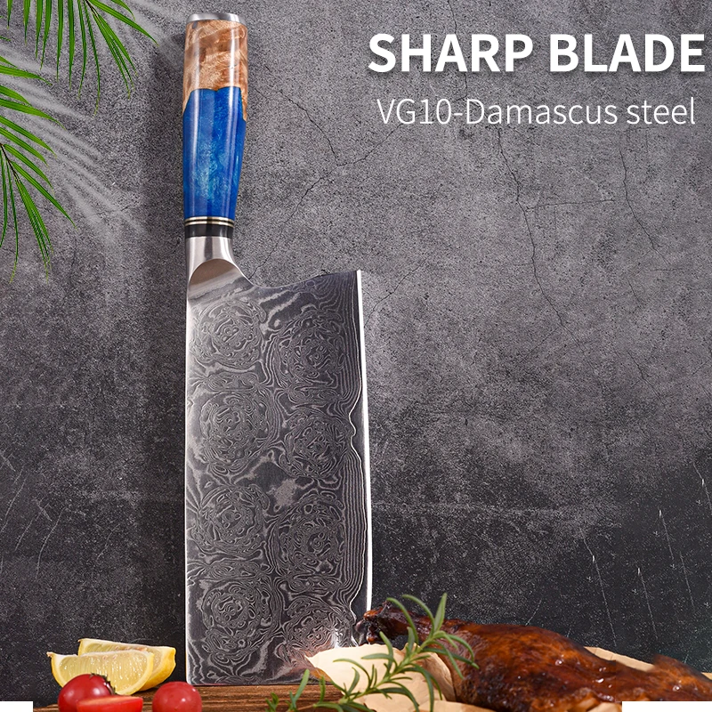 

Набор кухонных ножей VG10 из дамасской стали, шеф-повар, мясницкий нож для чистки хлеба, инструмент для приготовления пищи с голубой смолой и ц...