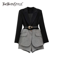 twotwinstyle korean patchwork plaid two piece set for women lapel long sleeve sashes blazer wide leg shorts casual sets female