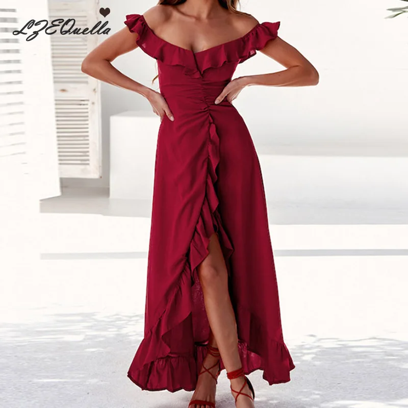 women sexy long dress solid ruffles high waist backless dresses sunmmer beach sundress holiday vestidos party NZ1249 | Женская одежда