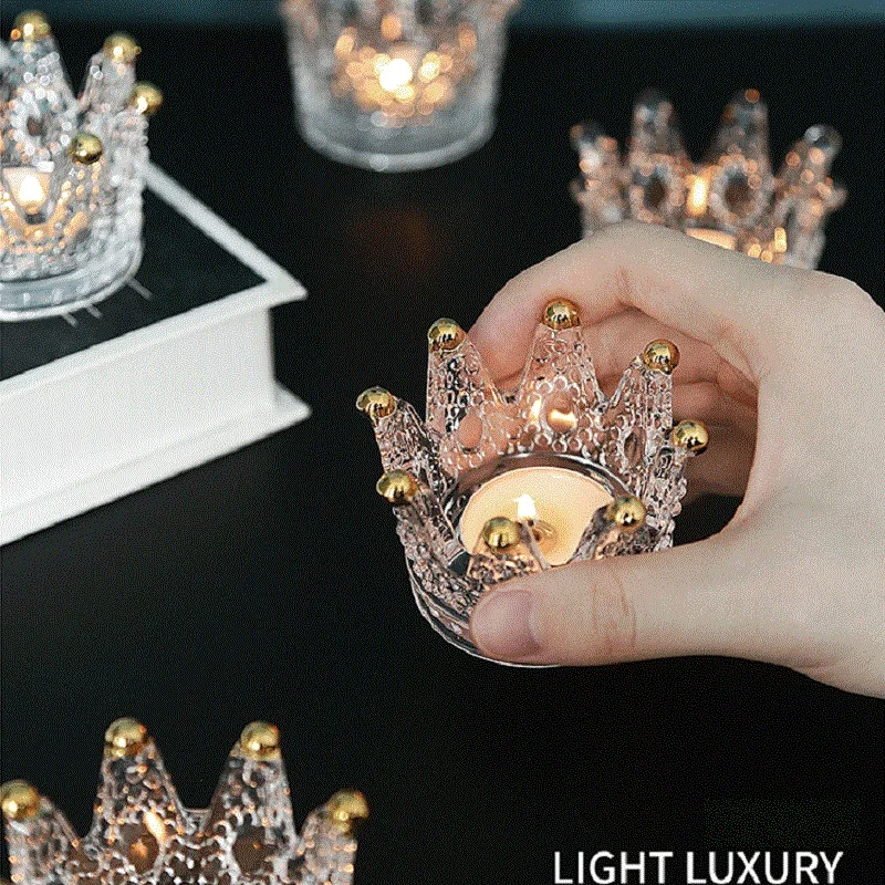 

Crown Crystal Glass Candlestick Candle Decor Cup Living Room Table Crown Glass Necklace Ring Storage Discs Craft Ornaments