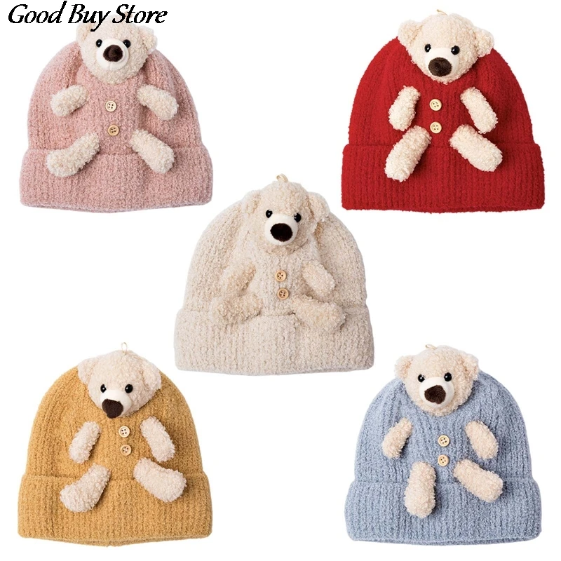 Теплая шапка бини Lovely Bear для осени и зимы Детская Вязаная Мягкая однотонная Милая
