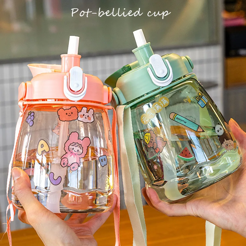 

Stickers Water Bottle Cute Big Belly Straw Cup Drinking Bottle for Water Bounce Cover Outdoor Portable 1.3L Kettle with Strap