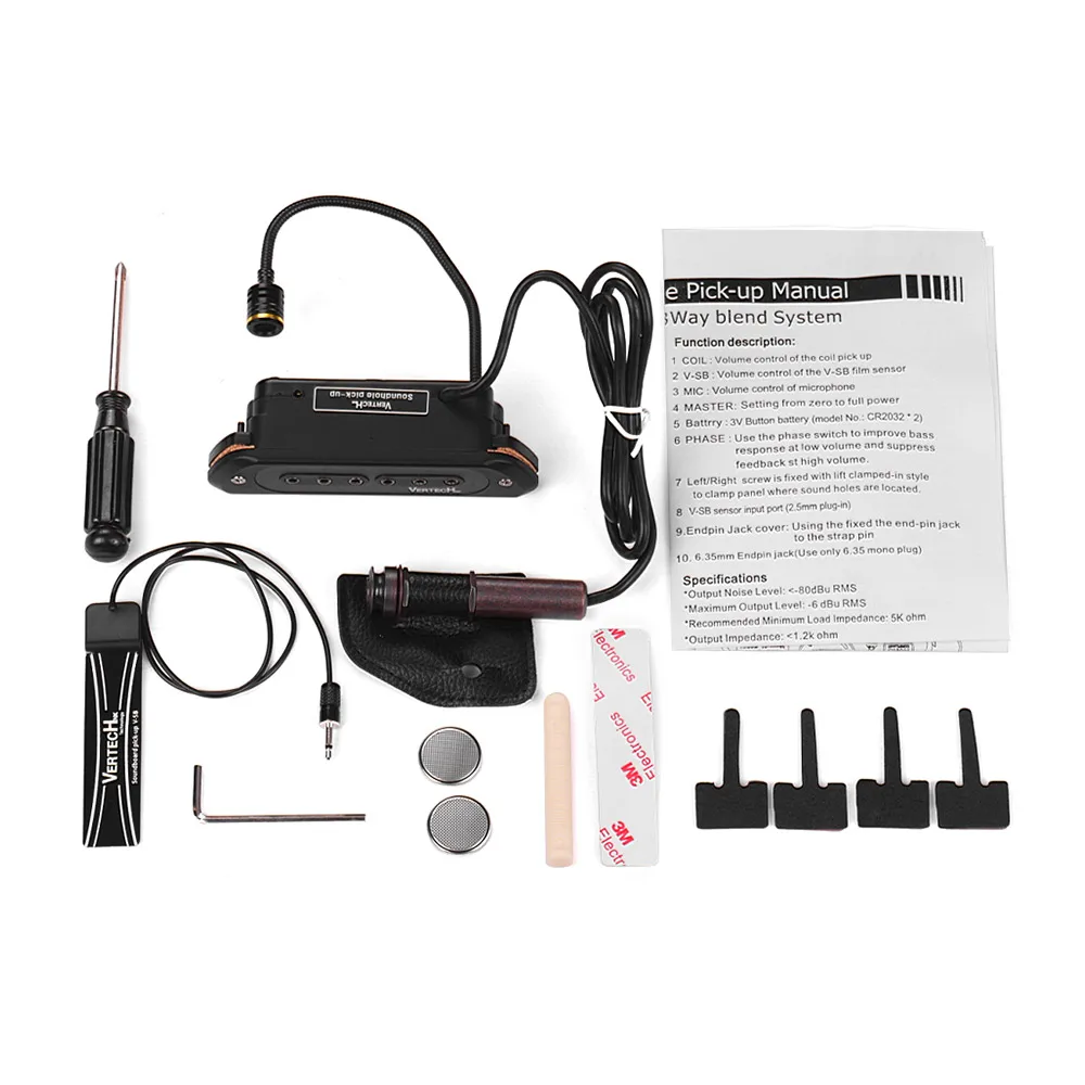 

Professional Guitar Soundhole Pickup Transducer+ Microphone + Soundboard Pickup 3 Pick-up Ways with 6.35mm Endpin Jack Parts