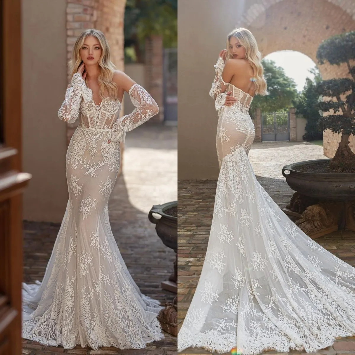 

2021 Sexy Mermaid Wedding Dresses Sweetheart Lace Appliques Country Wedding Gowns Detachable Long Sleeve Vestidos De Novia