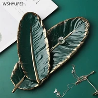 1pcs nordic wind ins gold dark green feathers banana leaf tray vintage jewelry plate storage tray snack plate home decoration